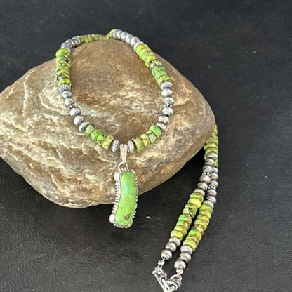 Navajo Green Turquoise Pendant Necklace | Sterling Silver | 22" | Authentic Native American Handmade | 14614 - Masha USA