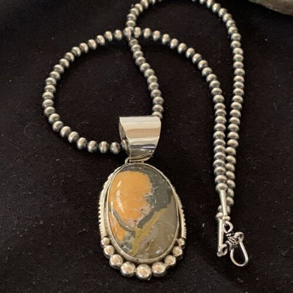 Navajo Pearls Sterling Silver Necklace | Bumblebee Jasper Pendant | Authentic Native American Handmade | 1649 - Masha USA