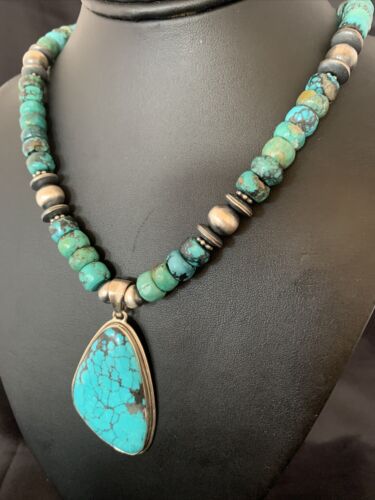 Navajo Pearls Spiderweb Beads Turquoise Necklace Pendant | Sterling Silver | Authentic Native American Handmade | 10239