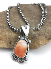 Navajo Orange Spiny Oyster Pendant Necklace | Sterling Silver | Authentic Native American Handmade | 4907