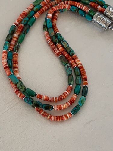 Navajo Green Turquoise Spiny Necklace Set | Sterling Silver | Authentic Native American Handmade | 2979 - Masha USA