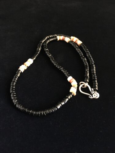 Navajo Mother of Pearl Black Onyx Spiny Necklace | Sterling Silver | 18" | Authentic Native American Handmade | 10012