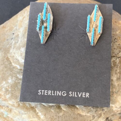 Zuni Blue Turquoise Needle-Point Dangle Post Earrings | Sterling Silver | 0.70" | 12751