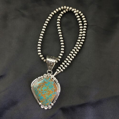 Navajo Blue #8 Turquoise Pendant | Sterling Silver | 3" | Authentic Native American Handmade | 10157