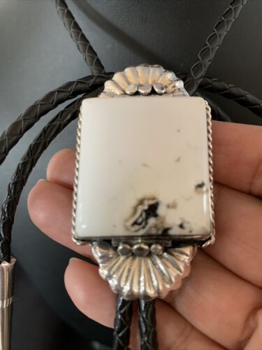 Navajo White Buffalo Turquoise Bolo Tie | Sterling Silver | Authentic Native American Handmade | 12905
