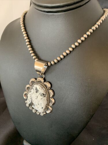 Navajo White Buffalo Turquoise Pendant | Sterling Silver | Authentic Native American Handmade | 11686