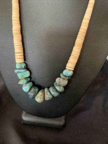 USA Handmade Shell & Turquoise Bead Pendant Necklace with Pearls | Authentic Native American | 20" | 12523