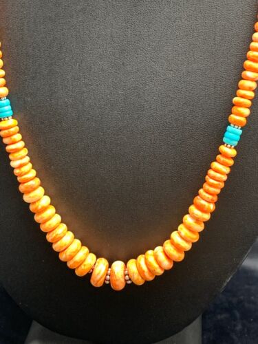 Navajo Spiny Oyster & Turquoise Graduated Necklace | Sterling Silver | Authentic Native American | 20" | 4608