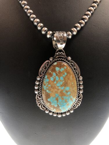 Navajo Blue Turquoise #8 Pendant | Sterling Silver Necklace | Authentic Native American Handmade | 11292