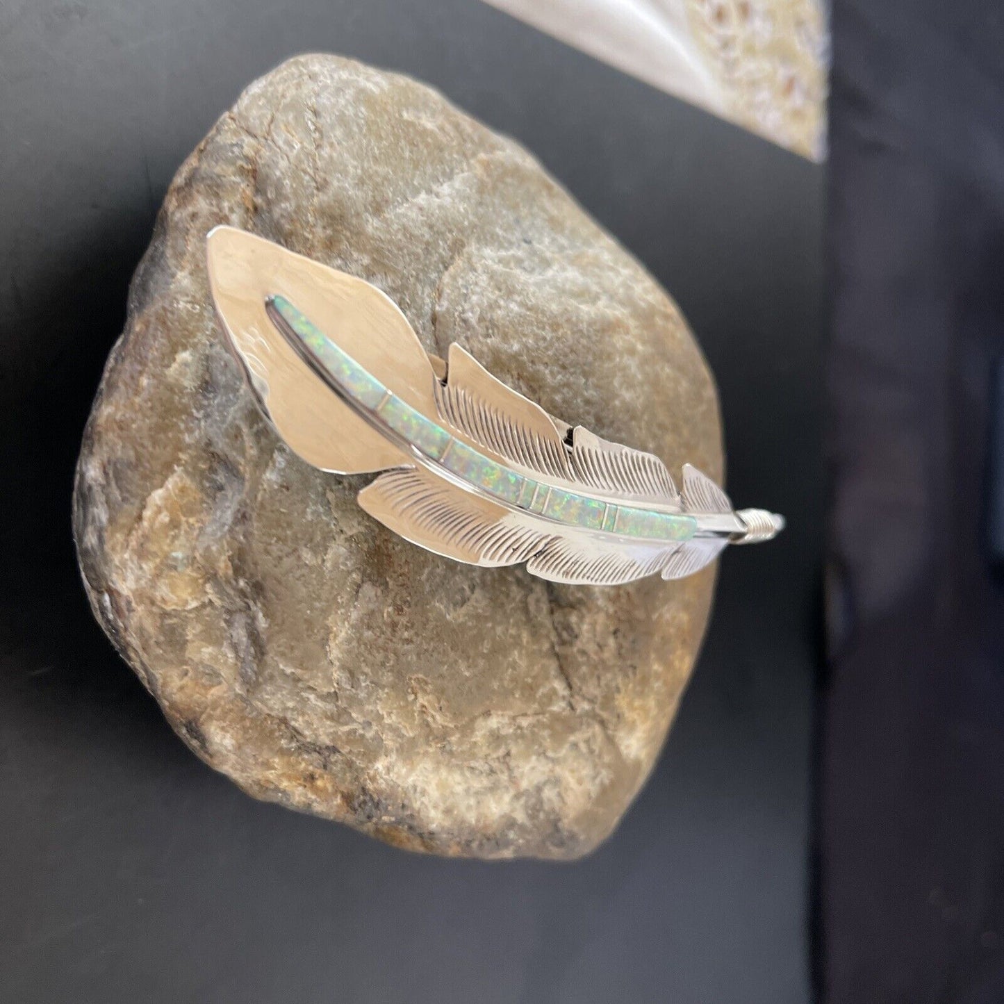 Women's Navajo Sterling Silver Feather Barrette | White Opal Inlay | Handmade | 4" | 2079