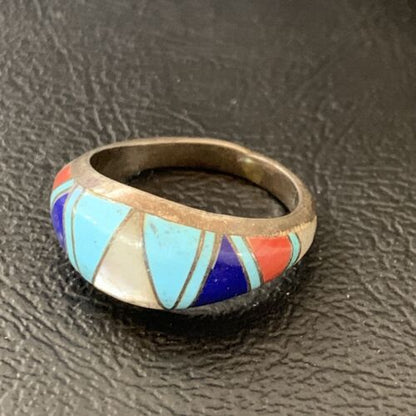 Navajo Multi-Color Turquoise Lapis Coral Mother of Pearl Inlay Ring | Sterling Silver | Sz 7.5 | 12398