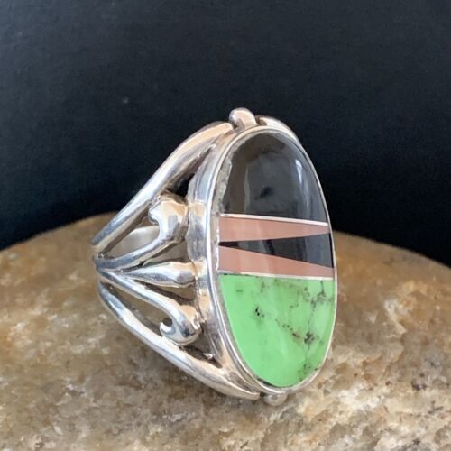 Native American Gaspeite, Onyx & Opal Inlay Ring | Sterling Silver | Sz 7 | 01488