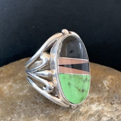 Native American Gaspeite, Onyx & Opal Inlay Ring | Sterling Silver | Sz 7 | 01488
