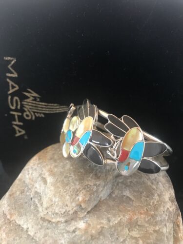 Zuni Sterling Inlay Hummingbird Bracelet | Multi Stone Turquoise | Old Pawn  | 7.5" | 8299