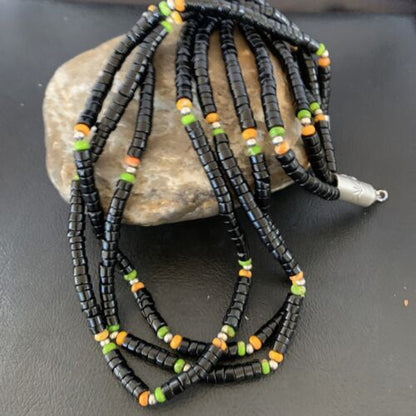 Navajo Sterling Silver Black Onyx Spiny Turquoise Bead Necklace Heishi 22" | Handmade 10893 - Masha USA