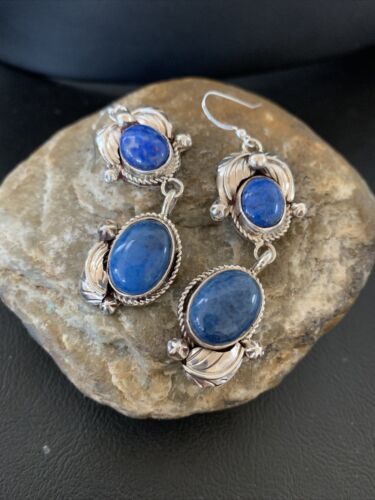 Native American Navajo Denim Lapis Dangle Earrings | Sterling Silver | 2" | 1866