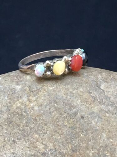 Zuni Blue Opal, Coral & Turquoise Ring | Authentic Native American Sterling Silver | Multi-Stone | Sz 6.5 | 08999