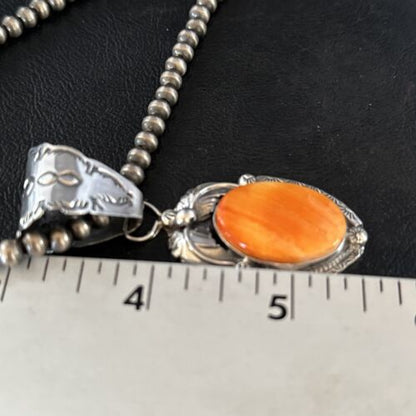 Navajo Orange Spiny Oyster Pendant Necklace | Sterling Silver | Authentic Native American Handmade | 14682