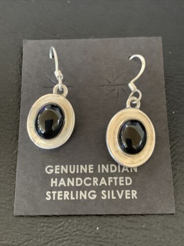 Native American Navajo Black Onyx Dangle Earrings | Sterling Silver | 0.5" | 12646