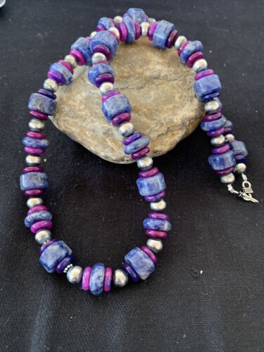 Men's Navajo | Denim Lapis Sugilite Beads Necklace | Sterling Silver | Authentic Native American Handmade | 20" | 10182