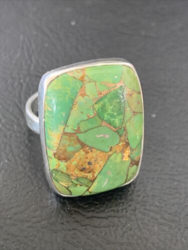 Adjustable Navajo Green Mojave Turquoise Ring | Sterling Silver | Sz 8 | Authentic Native American Handmade | 11785