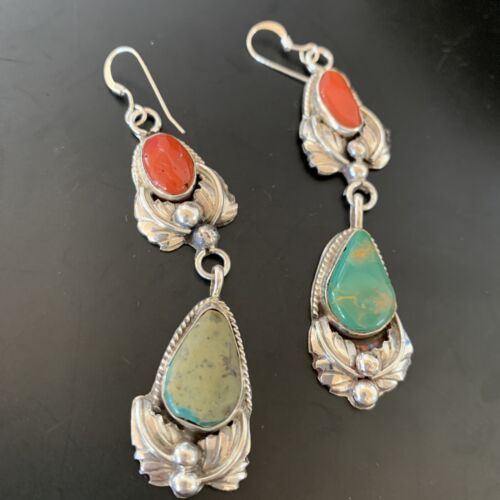 Navajo Green Royston Turquoise Red Coral Dangle Earrings | Sterling Silver | Authentic Native American Handmade | 2058