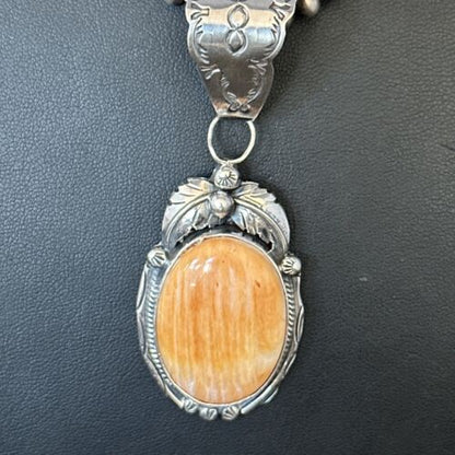 Navajo Pearls Orange Spiny Oyster Necklace Pendant | Sterling Silver | Authentic Native American Handmade | 14719