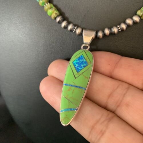 Navajo Green Turquoise Gaspeite Inlay Necklace | Sterling Silver | Authentic Native American Handmade | 13809