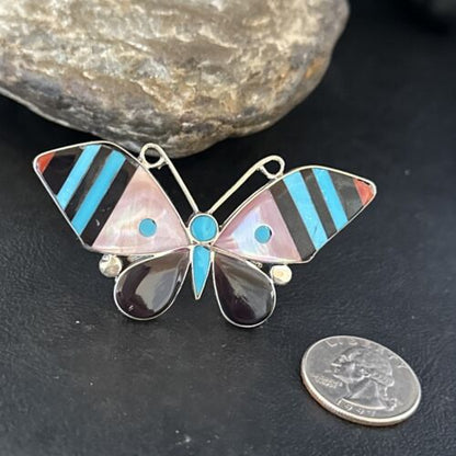 Zuni Butterfly Inlay Ring | Coral Turquoise Onyx Mother of Pearl | Sz 7 | Sterling Silver | 14435