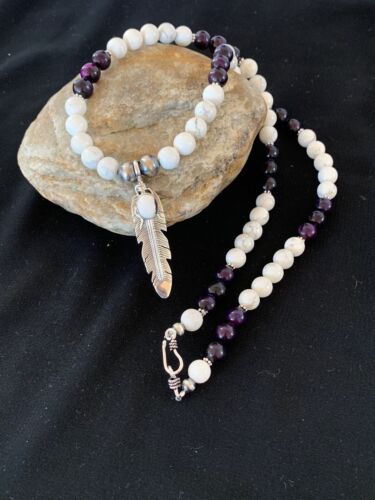 Men's Sugilite Beads Necklace with White Buffalo Pendant | Sterling Silver | Native American Handmade | 2557