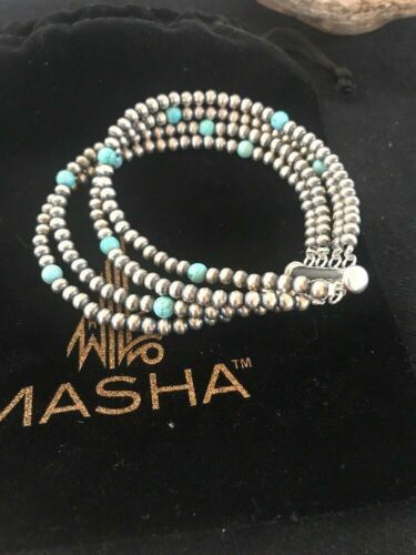 Native American Navajo Pearls Blue Turquoise Bracelet | Sterling Silver | 4-Strand