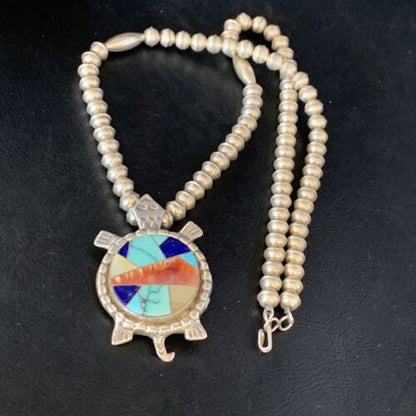 Turtle Inlay Pendant | Navajo Lapis Turquoise Sterling Necklace 24" | Handmade Southwestern Jewelry | 13680