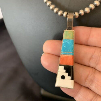 Navajo Old Pawn Mother of Pearl Turquoise Spiny Inlay Pendant Necklace | Sterling Silver | 10698