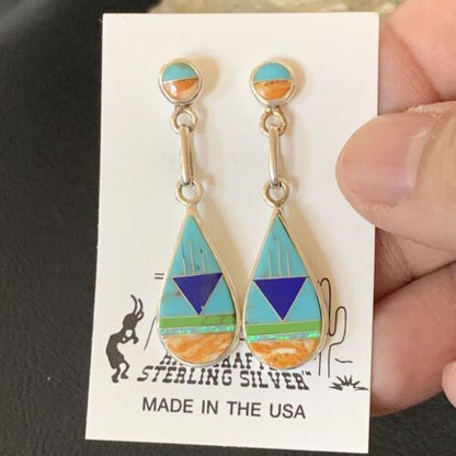 Navajo Multi-Color Turquoise Spiny Opal Inlay Earrings | Sterling Silver | 1.5" | 12010