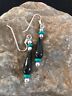 Navajo Black Onyx Turquoise Bead Dangle Earrings | Sterling Silver | Authentic Native American Handmade | 13455