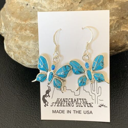 Navajo Blue Turquoise Inlay Butterfly Earrings | Sterling Silver | 0.5" | 12013 - Masha USA