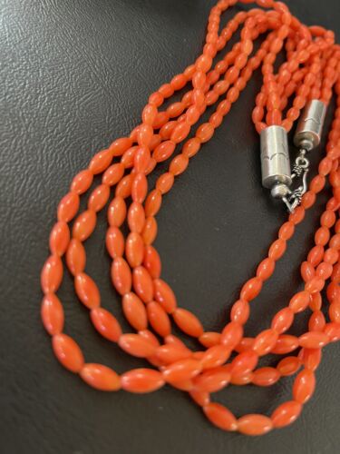 Navajo Orange Coral 5-Strand Necklace | Sterling Silver Barrel Beads | 22" | Authentic Native American Handmade | 10437