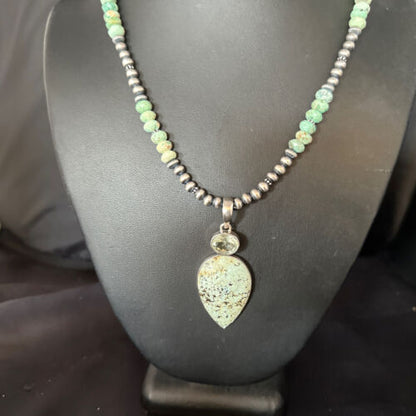 Navajo Sea Green Turquoise Pendant Necklace | Sterling Silver | 21" | Authentic Native American Handmade | 14475