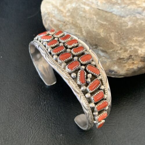 Navajo Multi-Stone Red Coral Bracelet | Sterling Silver | Authentic Native American Handmade | 12235