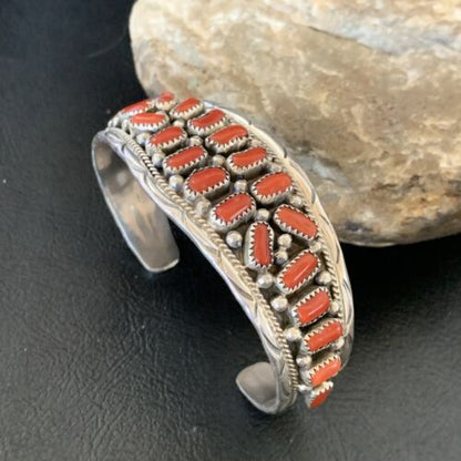 Navajo Multi-Stone Red Coral Bracelet | Sterling Silver | Authentic Native American Handmade | 12235