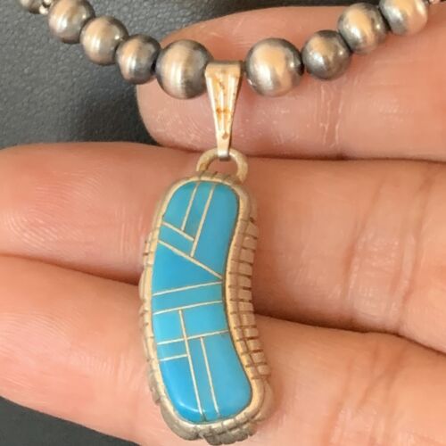 Navajo Pearls Turquoise Necklace with Inlay Pendant | Sterling Silver | 21" | Authentic Native American Handmade | 12579