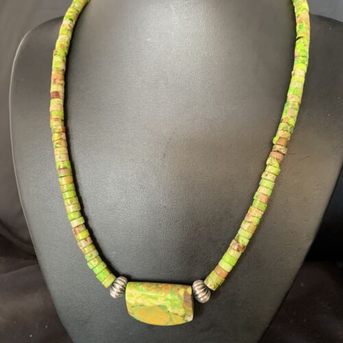 Navajo Green Gaspeite Turquoise Pendant | Sterling Silver | Authentic Native American Handmade | 13942