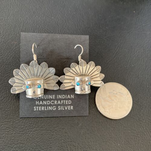 Old Pawn Native American Indian Head Dangle Earrings | Sterling Silver Blue Turquoise | 13037