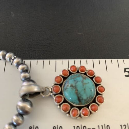 Southwestern Navajo Multi-Stone Necklace | Turquoise Coral Pendant | Sterling Silver | 21" | 12581