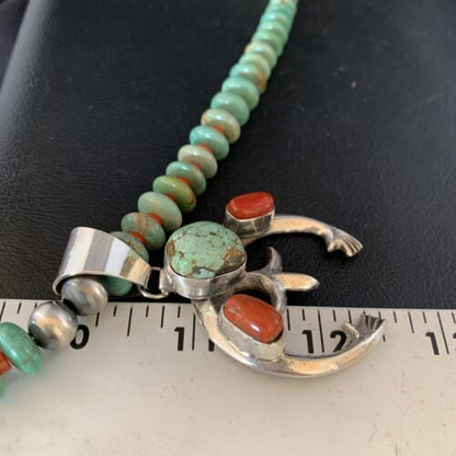 Navajo Pearl Royston Turquoise Coral Necklace with Naja Pendant | Sterling Silver | 13758
