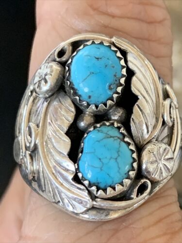 Navajo Blue Kingman Turquoise Feather Ring | Authentic Native American Sterling Silver | Multi-Stone | Sz 11.5 | 12223