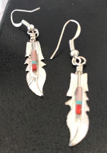 Navajo Coral Inlay Feather Earrings | Sterling Silver | Authentic Native American Handmade | 2007
