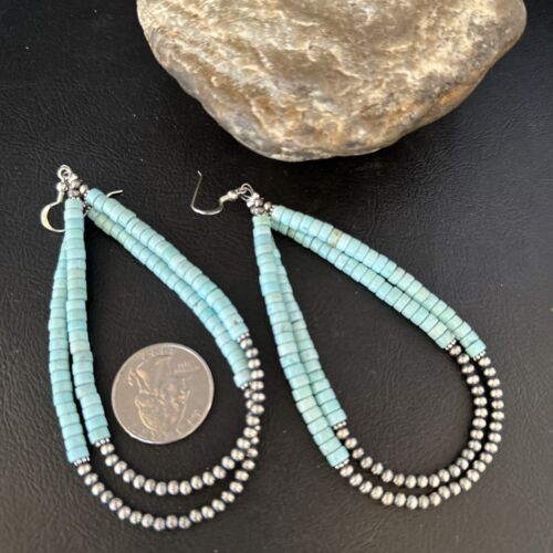 Navajo Turquoise Heishi Beads Earrings | Sterling Silver | 5" | Authentic Native American Handmade | 14295