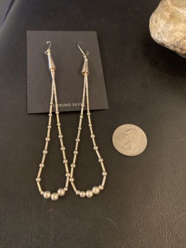 Navajo XL Liquid Heishi Sterling Silver Pearls Beads Earrings | 4" | Authentic Native American Handmade | 13034