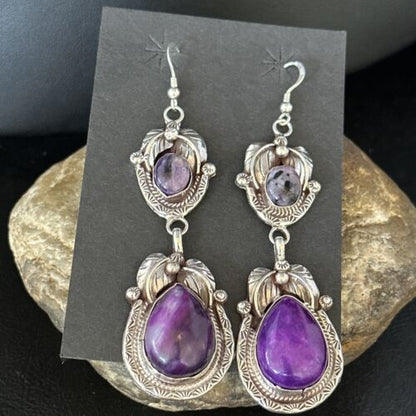 Navajo Purple Sugilite Dangle Earrings | Sterling Silver | 2" | Authentic Native American Handmade | 14461